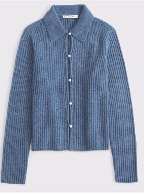 Abercrombie & Fitch Dusty Blue Ribbed Pearl-Button Cardigan